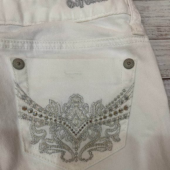 Women's Guess Sexy Straight Leg White Jeans with Silver Bling Pockets - Picture 4 of 7